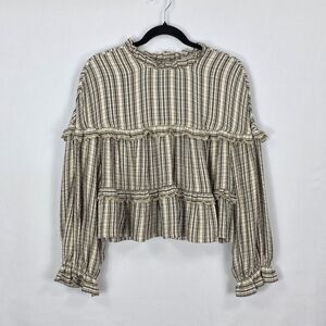 Anthropologie Pilcro Tiered Babydoll Blouse Small Long Sleeve Striped Ruffled